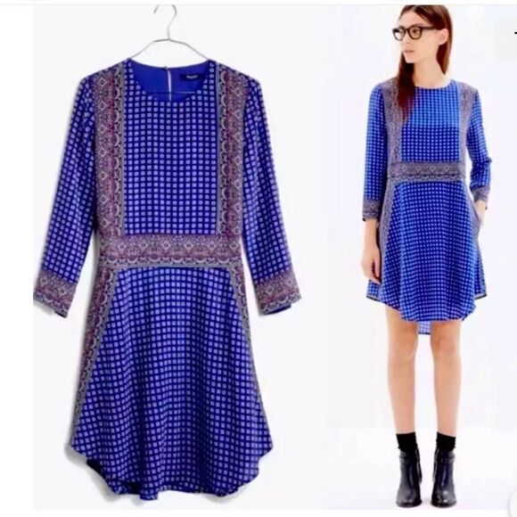 Madewell Blue Print Silk Tee Mini Dress In Ascot Grid - Picture 4 of 8
